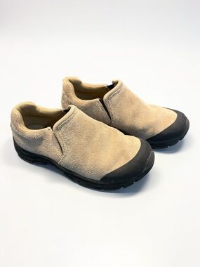 EUC Lands End Youth 13 M Suede Slip-On Shoes All Weather Tan Moc Loafers 393279